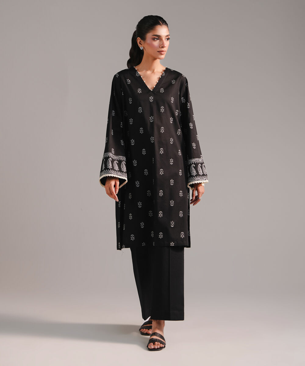 Women's RTW Lawn Printed Black Straight Shirt