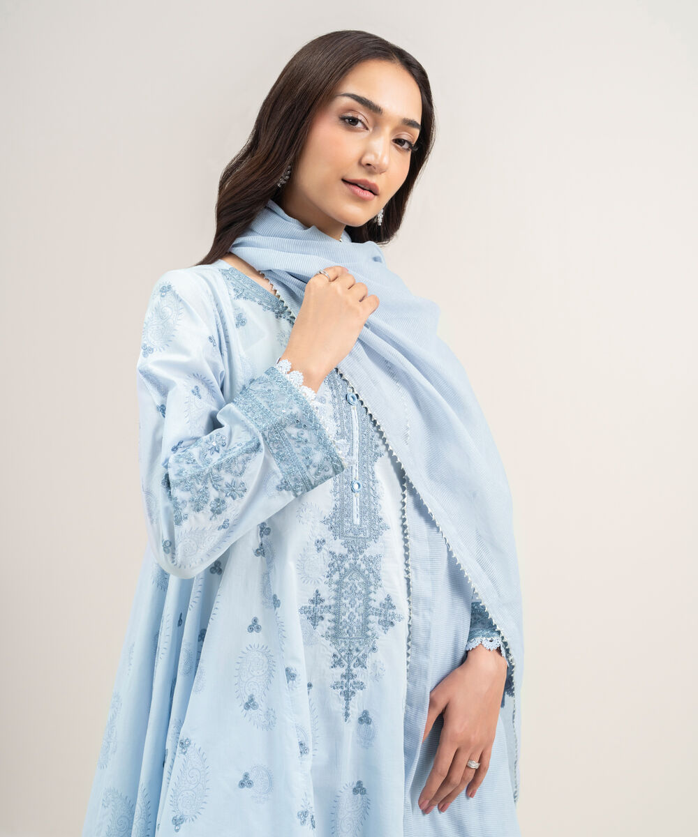 Women's RTW Lawn Embroidered Ice Blue 3 Piece Suit
