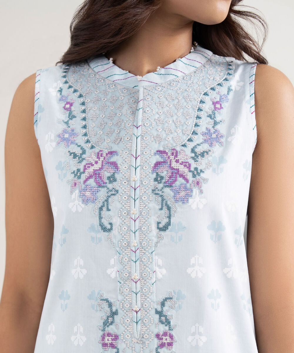 Women's Unstitched Lawn Blue Embroidered 3 Piece Suit