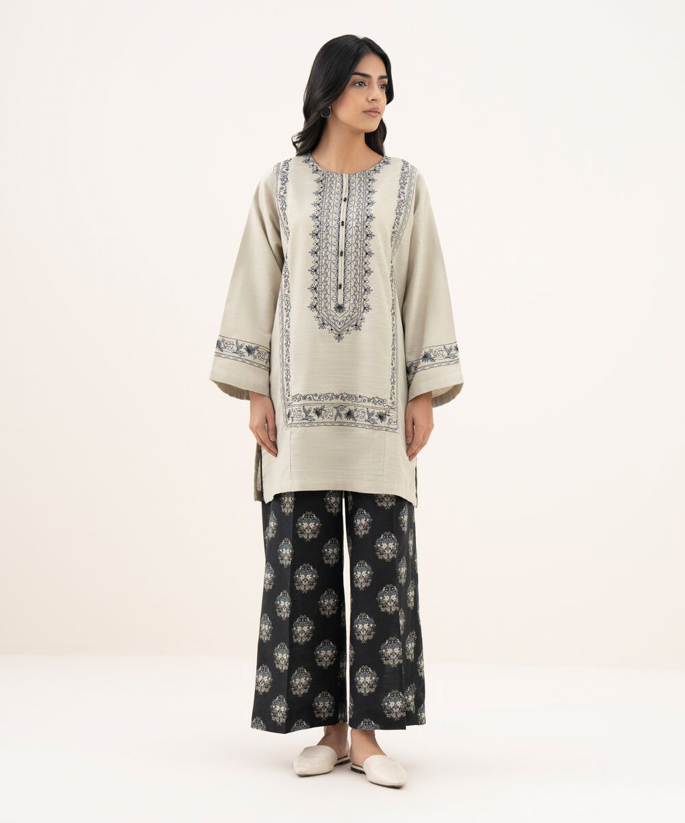 Women's RTW Khaddar Embroidered Straight Grey Shirt