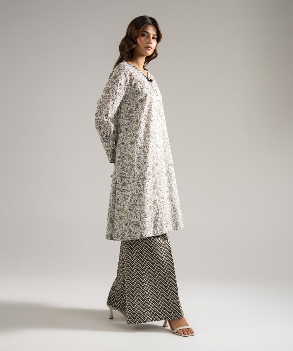 Women's RTW Lawn Printed White A-Line Shirt