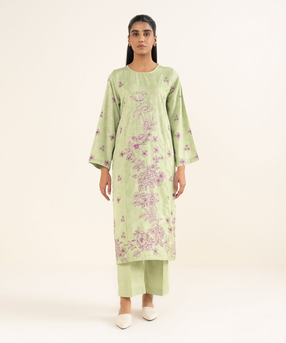 Women's RTW Self Jacquard Leno Embroidered Green Straight Shirt