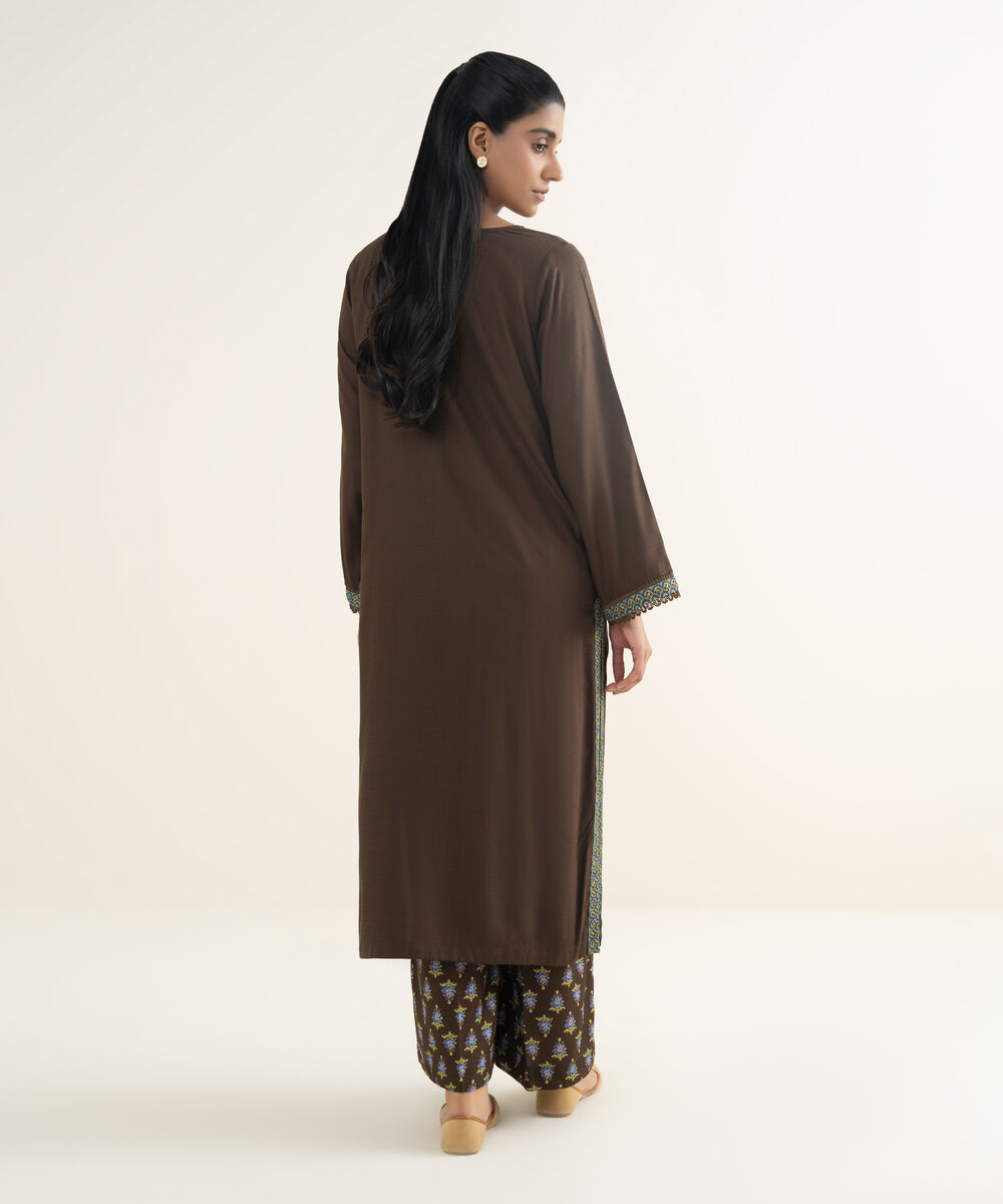 Women's RTW Textured Viscose Solid Brown Straight Shirt