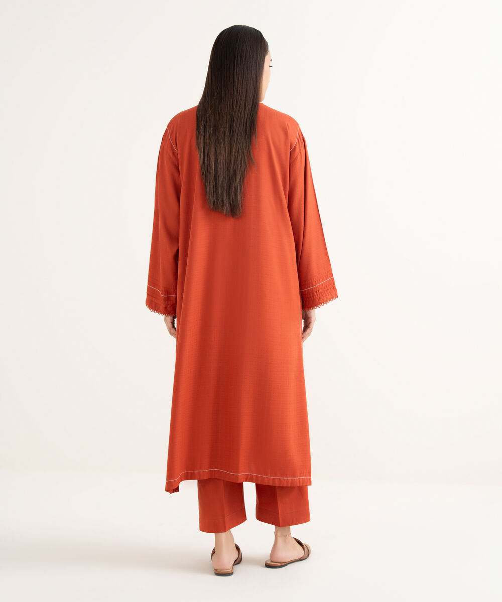 Women's RTW Textured Arabic Orange Solid Drop Shoulder Shirt