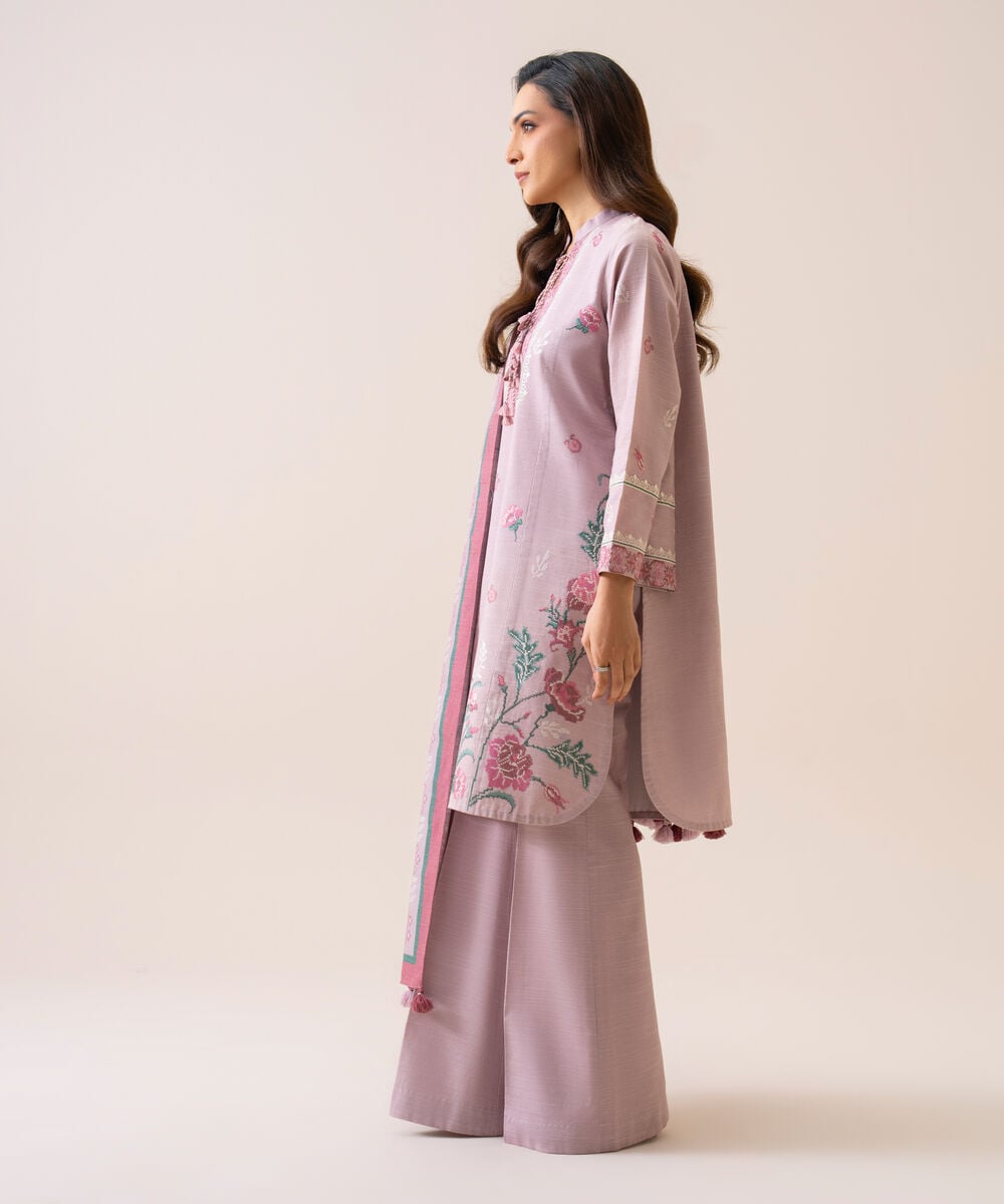 Women's Unstitched Light Khaddar Embroidered Lilac 3 Piece Suit