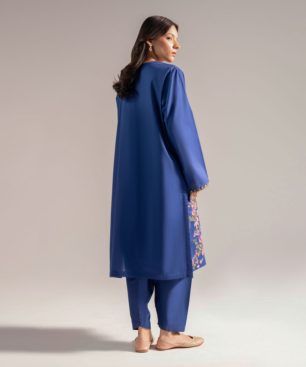 Women's RTW Slub Lawn Embroidered Straight Dark Blue Shirt