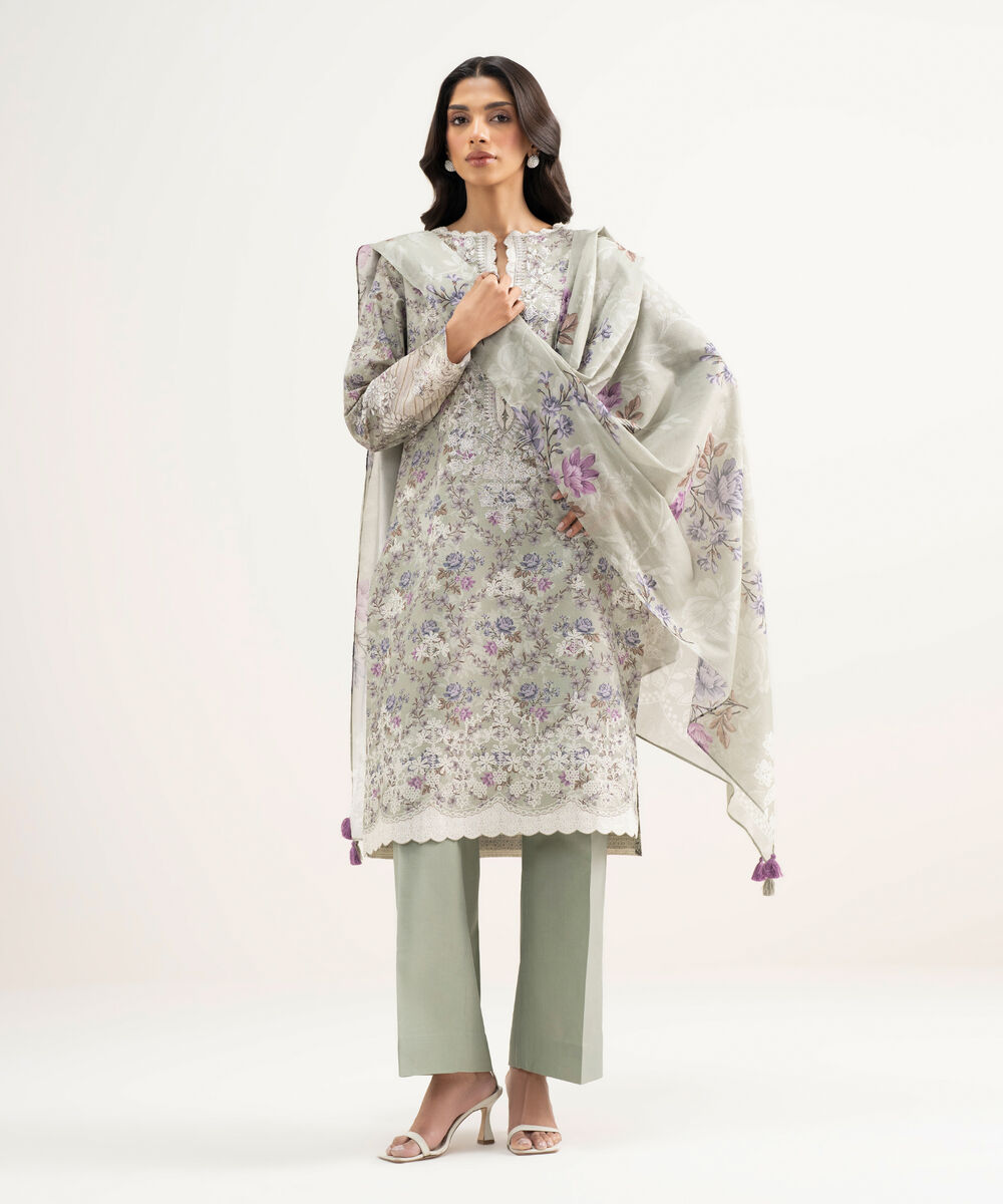 Women's Unstitched Zari Lawn Embroidered Grey 3 Piece Suit