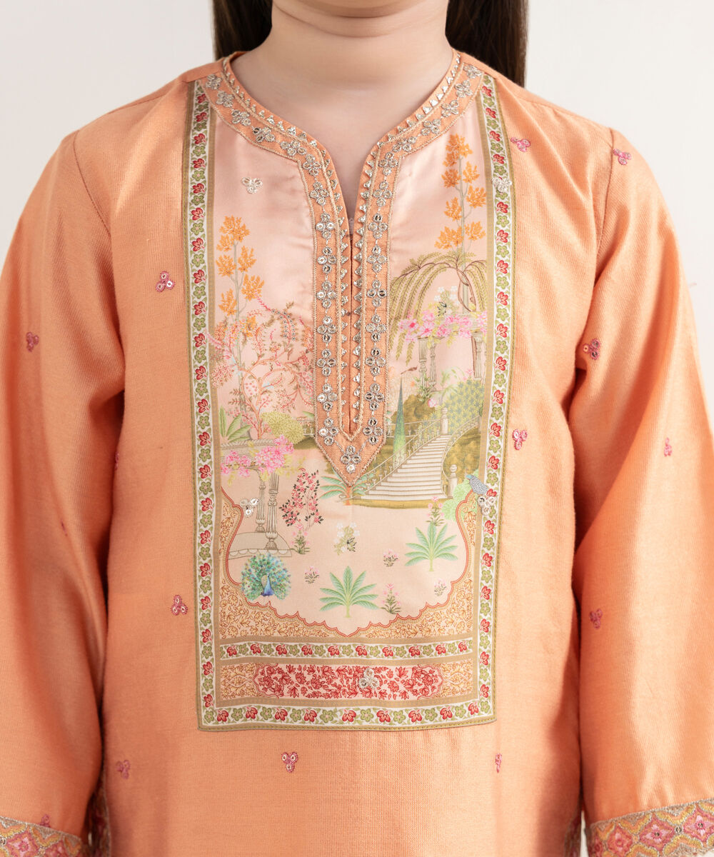 Girl's Silk Cotton Net Embroidered Orange Three Piece Suit
