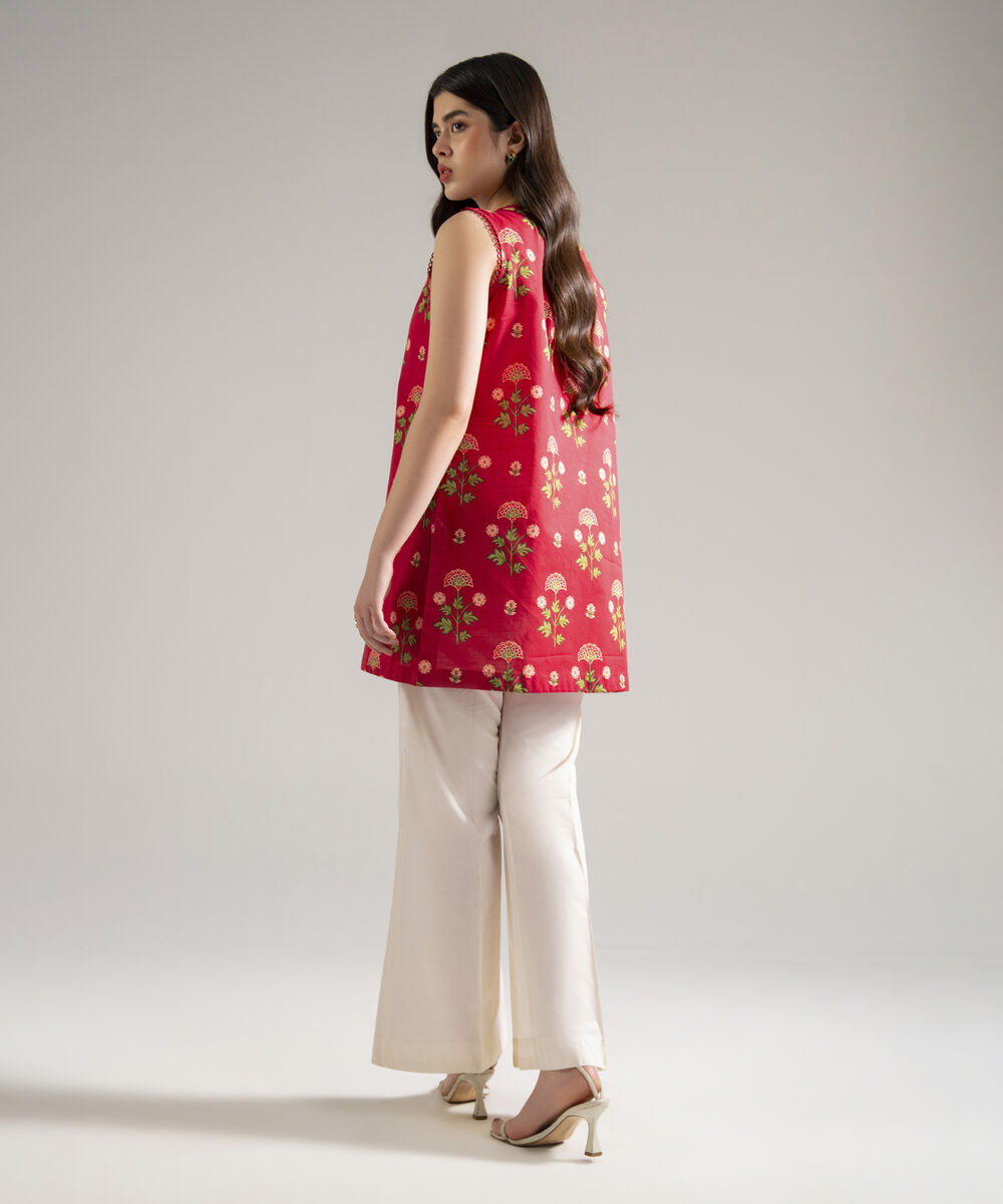 Women's RTW Slub Lawn Printed Red Straight Shirt