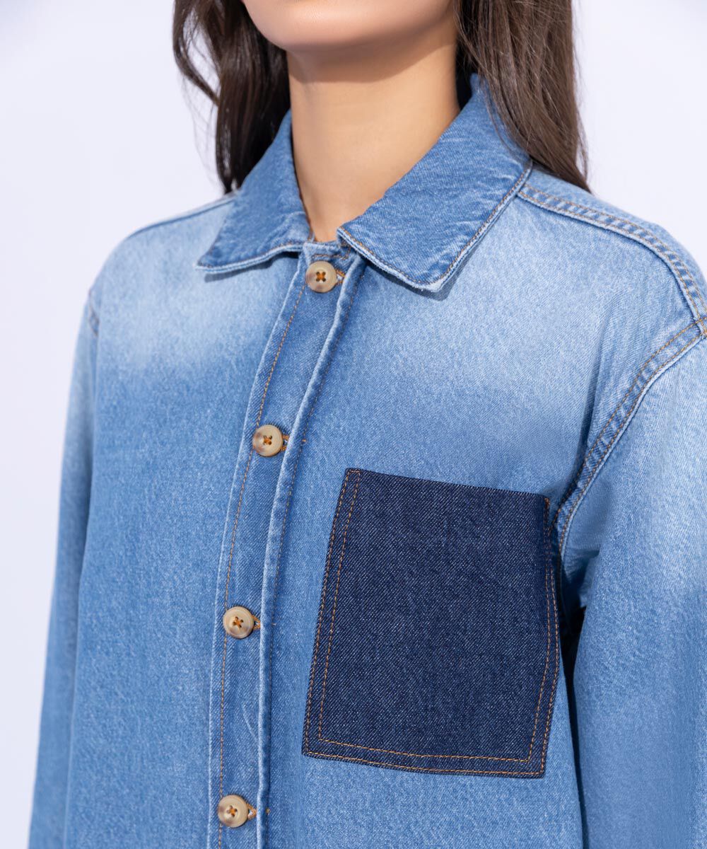 Woman - Blue Denim Overshirt with Contrasting Pocket