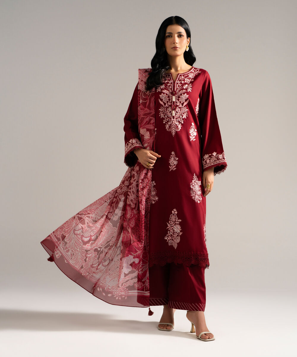 Women's RTW Dobby Crepe Embroidered Red 3 Piece Suit