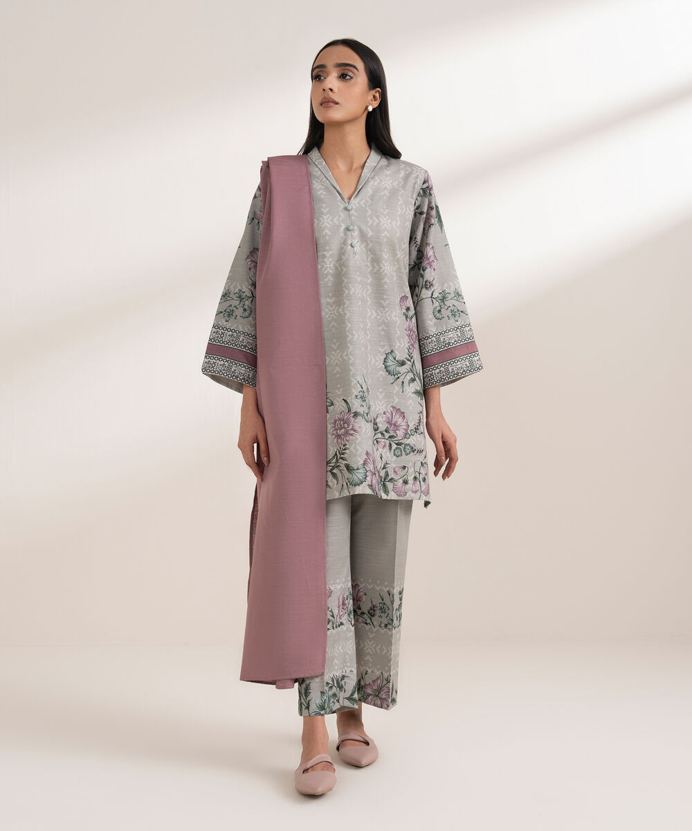 Women's RTW Khaddar Printed Grey 3 Piece Suit