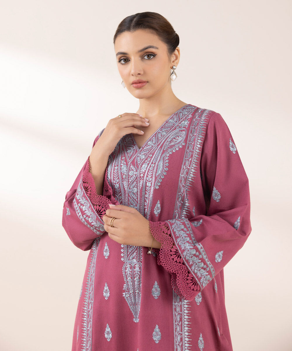 Woman - Pink Embroidered Cotton Karandi Shirt