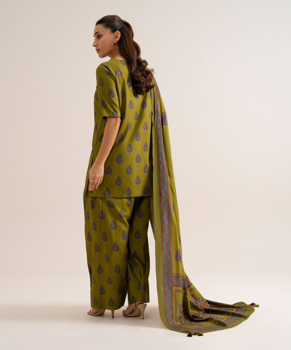 Women's Unstitched Viscose Linen Printed Olive Green 3 Piece Suit
