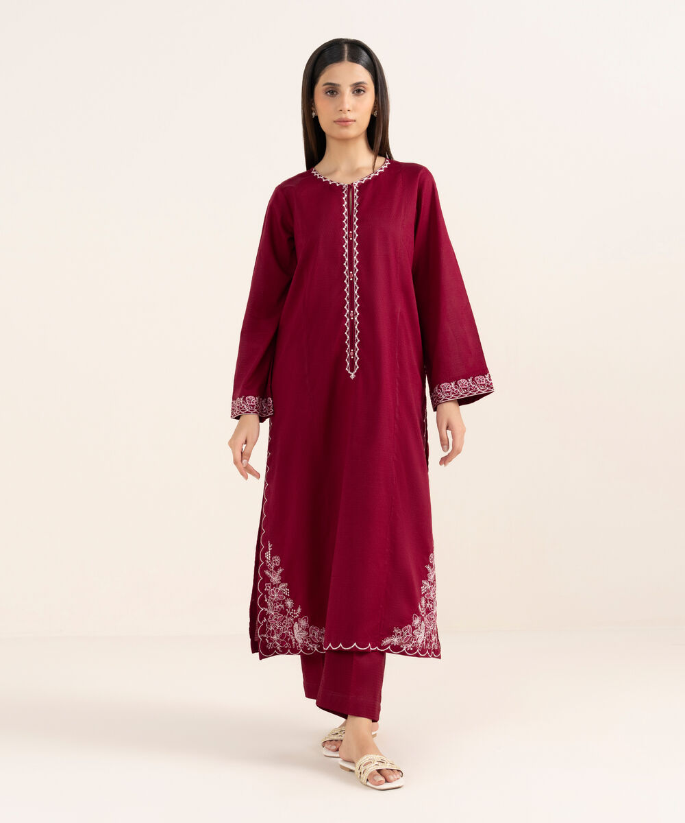 Women's RTW Textured Lawn Maroon Embroidered Straight Shirt