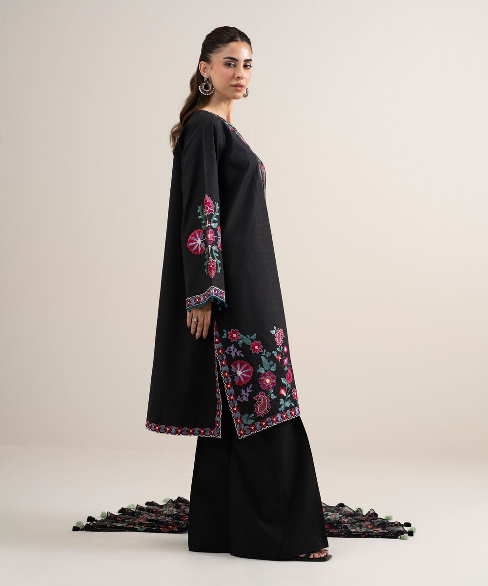 Women's Unstitched Dobby Embroidered Black 3 Piece Suit