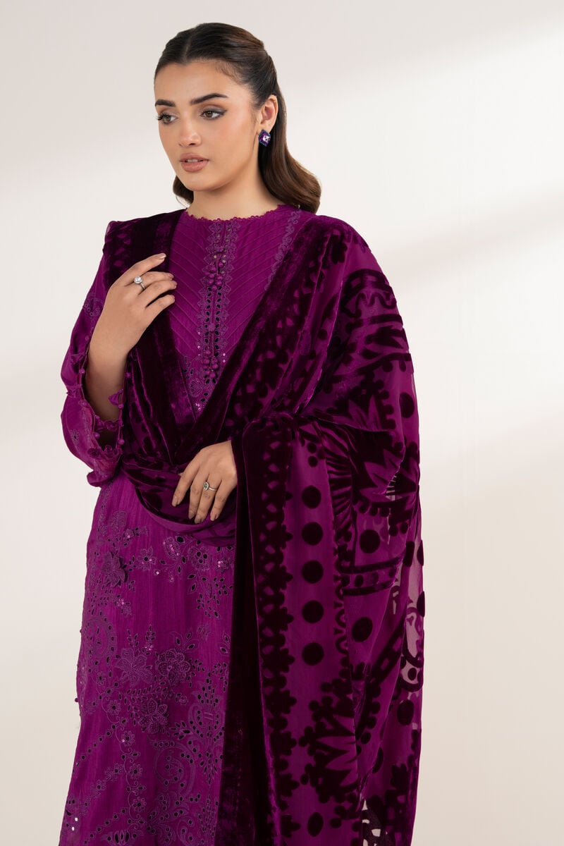 3 Piece - Embroidered Viscose Raw Silk Suit