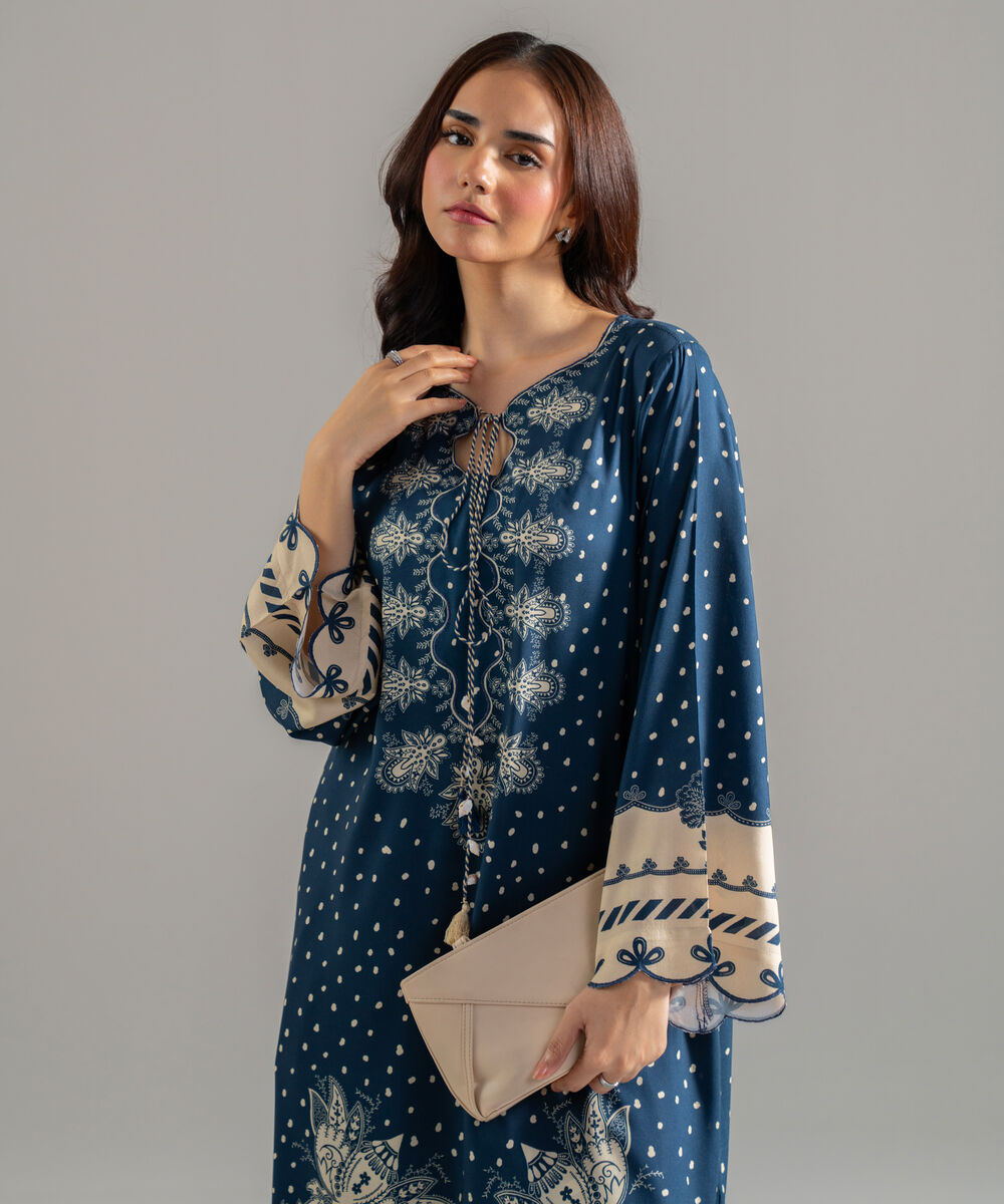 Women's RTW Arabic Lawn Printed Blue Straight Shirt