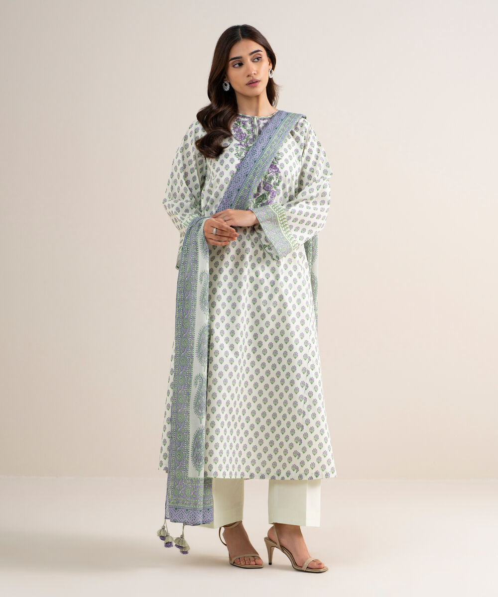 Women's Unstitched Lawn Embroidered Off White 3 Piece Suit