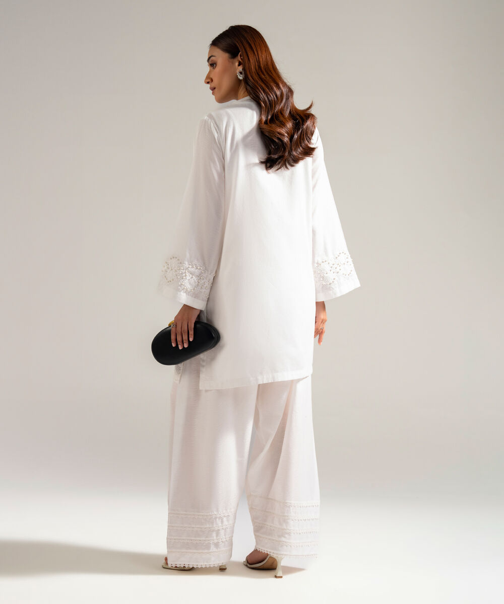 Women's RTW Self Jacquard Embroidered White 2 Piece Suit