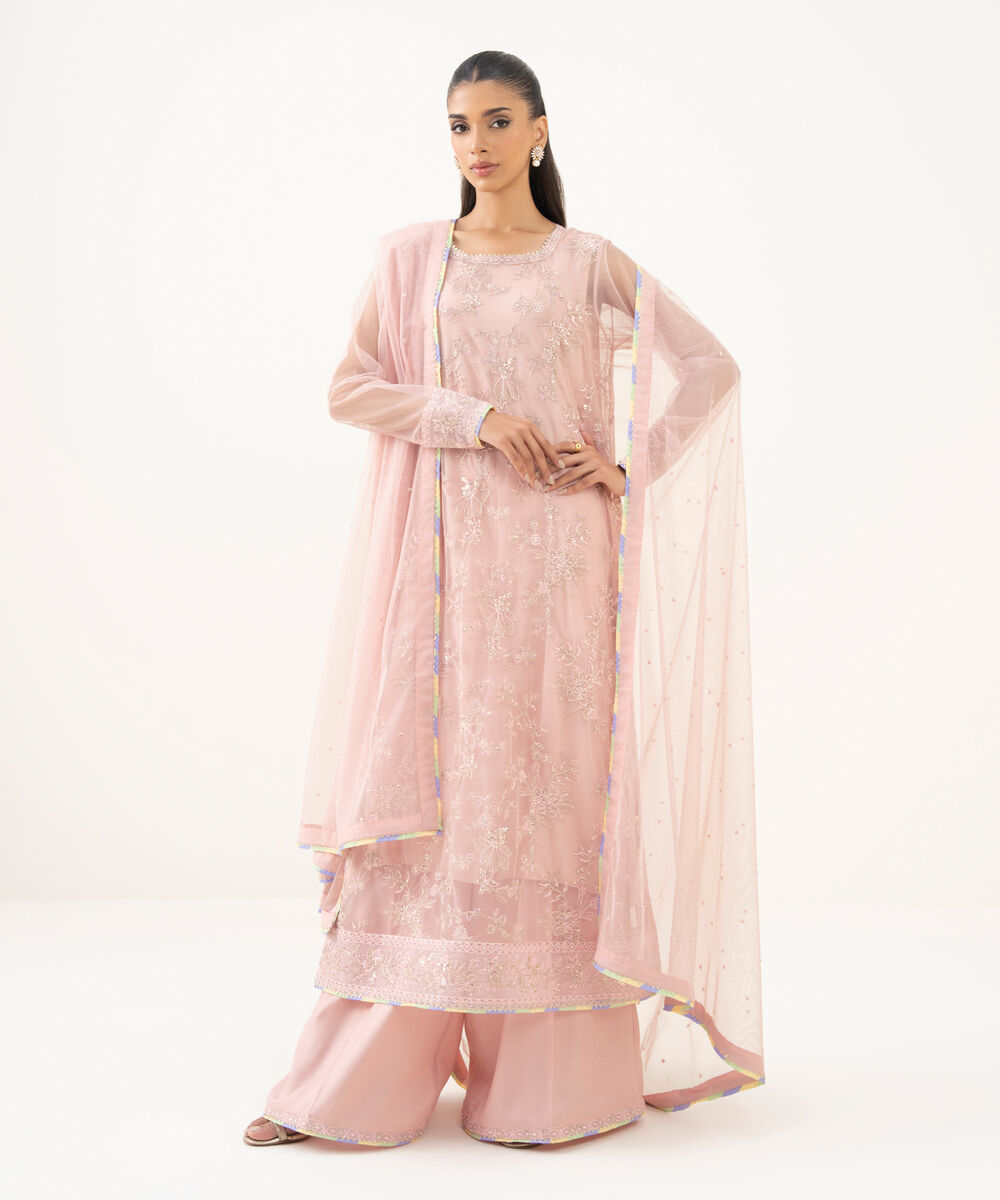 Women's RTW Blended Net Embroidered Pink Three Piece Suit