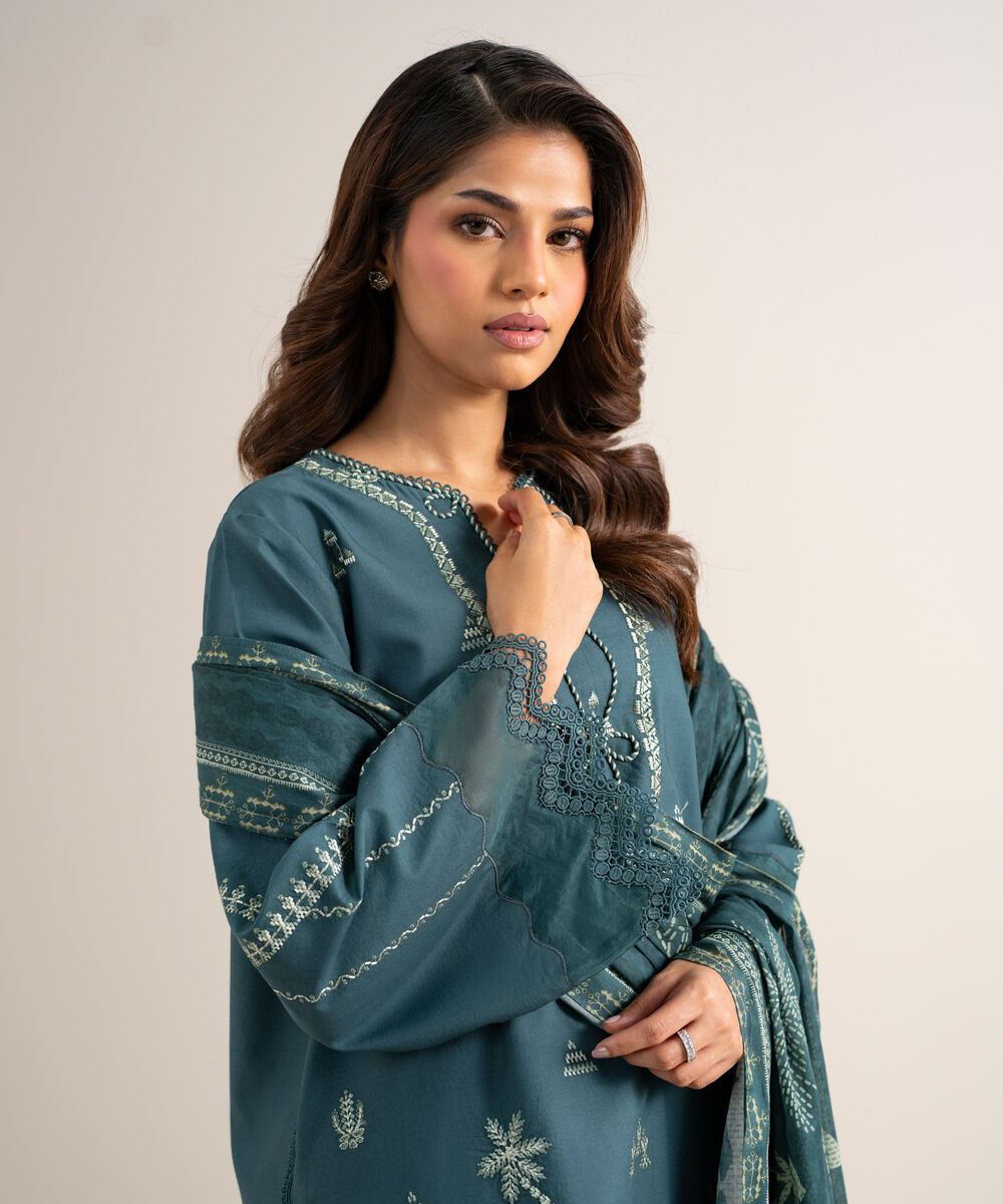 Women's Unstitched Cotton Embroidered Blue 3 Piece Suit