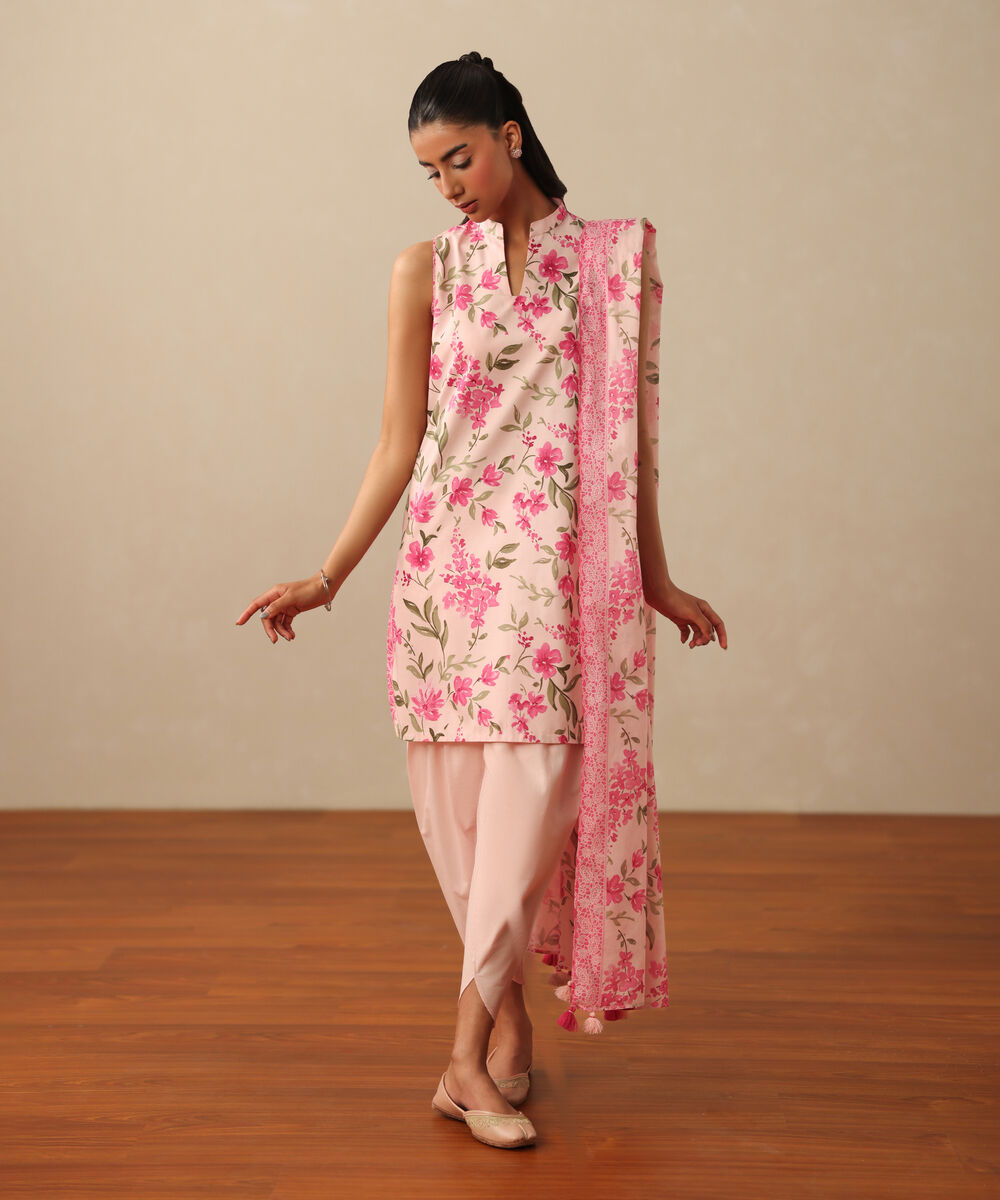 Women's Unstitched Lawn Printed Pink 3 Piece Suit