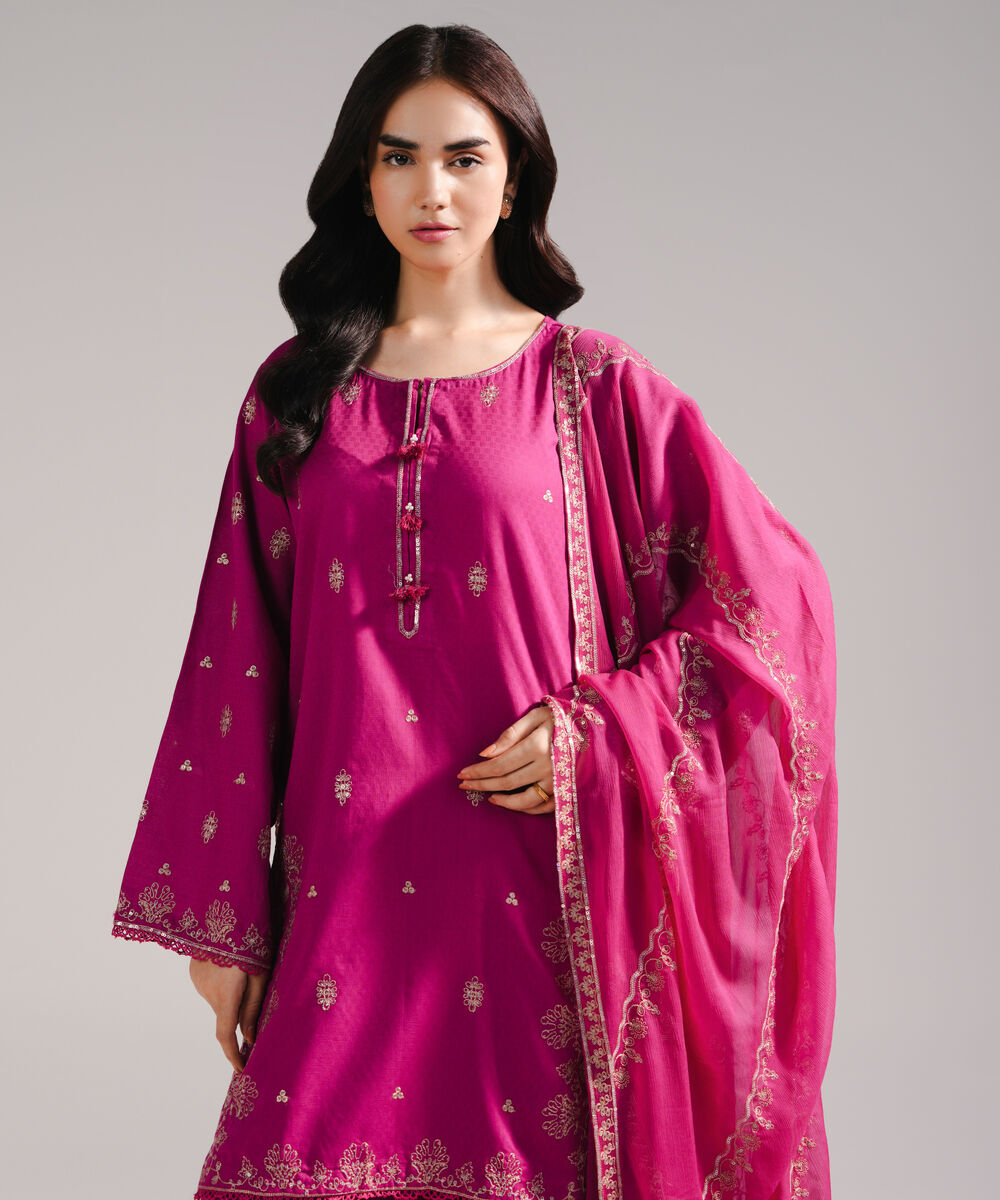 Women's RTW Dobby Embroidered Pink 3 Piece Suit