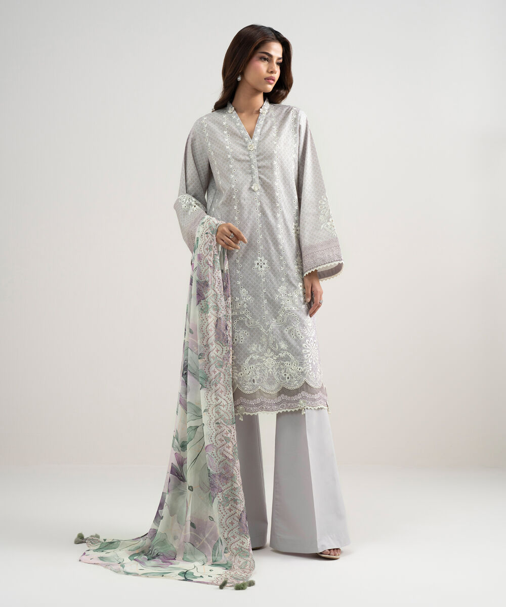 Women's Unstitched Cotton Jacquard Embroidered Lilac 3 Piece Suit