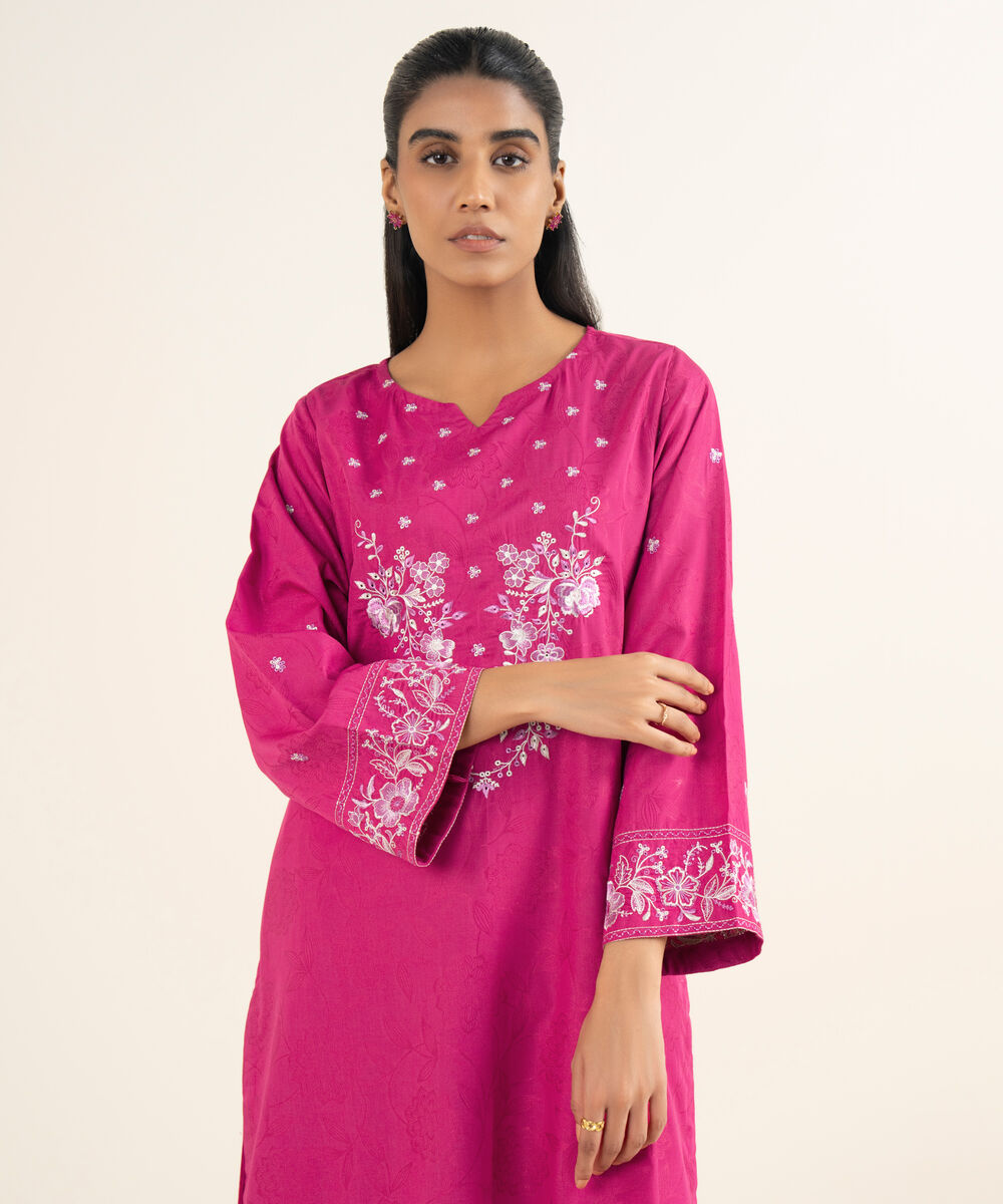 Women's RTW Jacquard Embroidered Pink A-Line Shirt