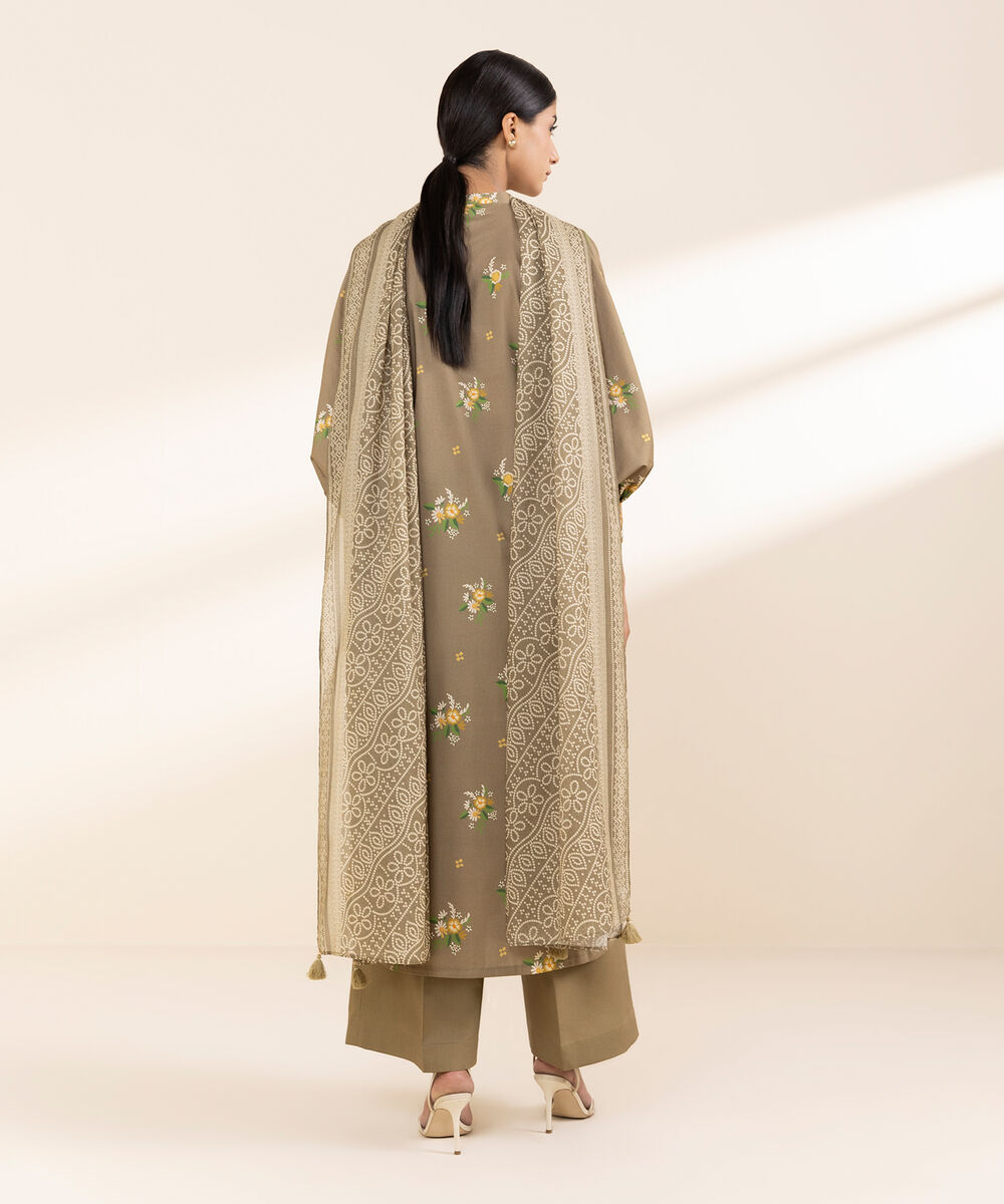 Women's Unstitched Lawn Embroidered Brown 2 Piece Suit