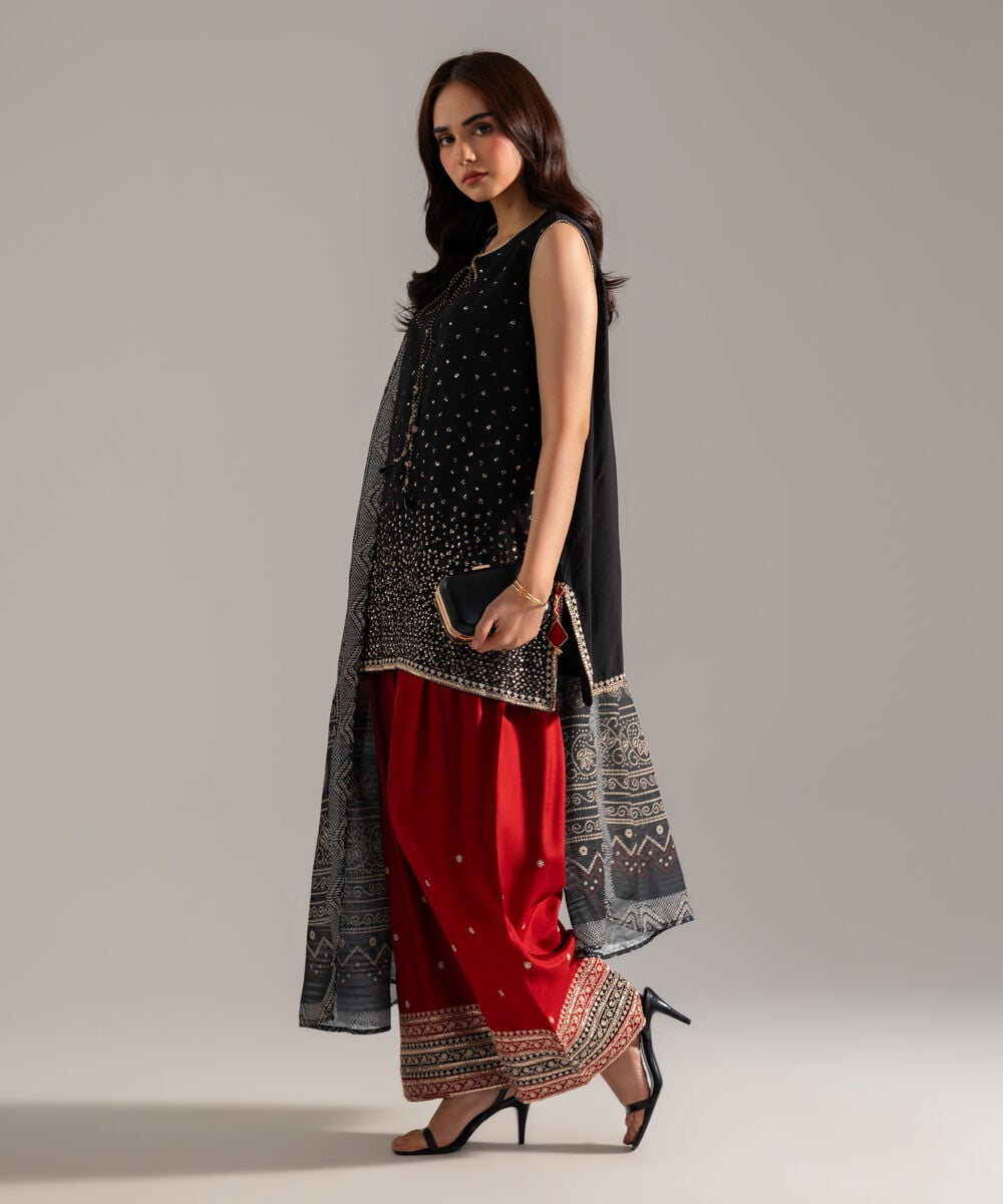 Women's RTW Solid Embroidered Black Plain Silk 3 Piece Suit