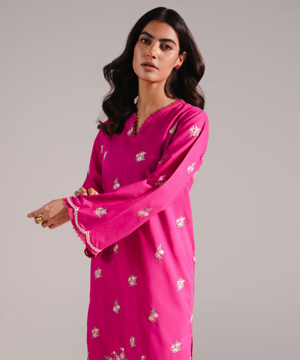 Women's RTW Slub Lawn Embroidered Pink 2 Piece Suit