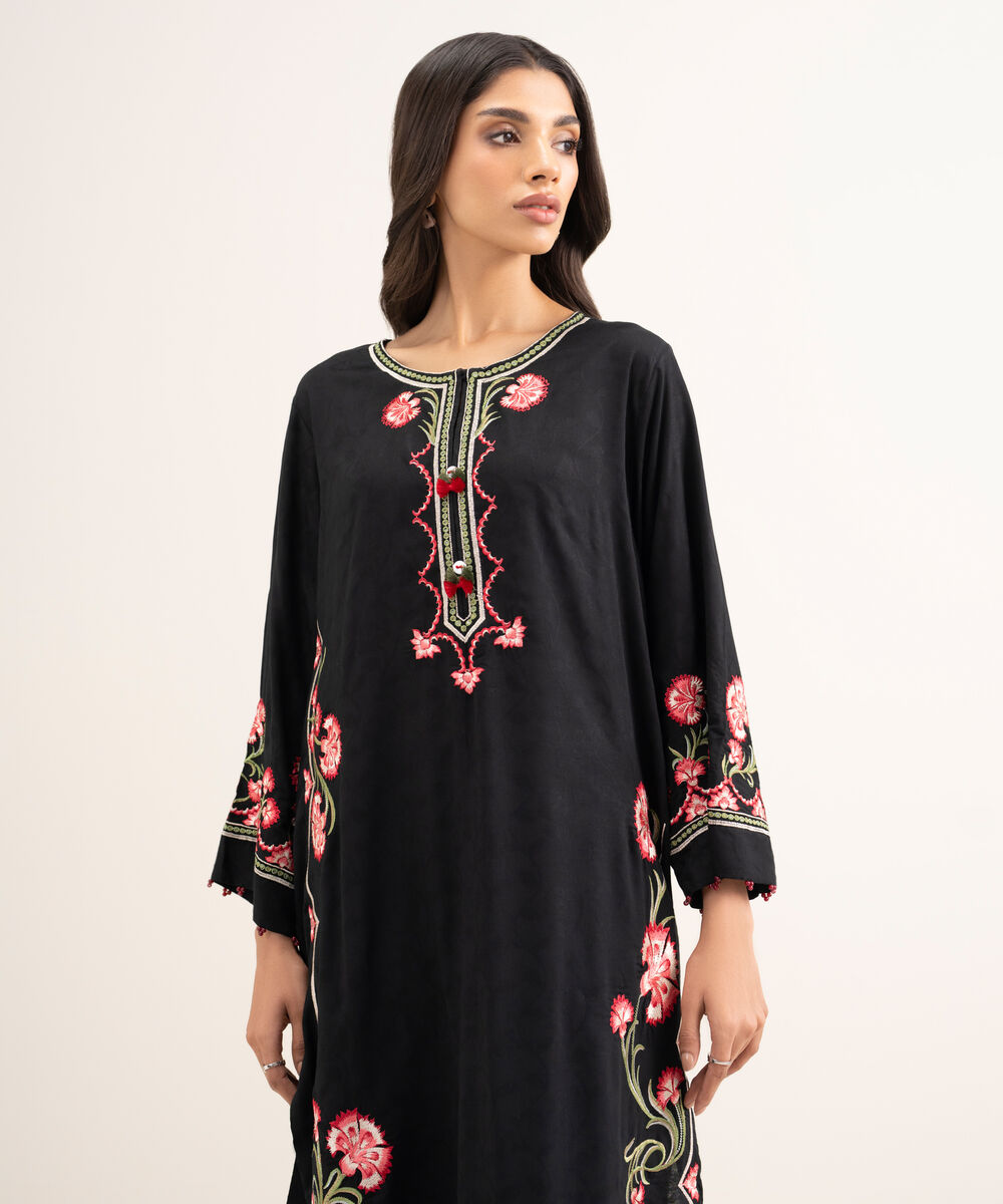 Women's RTW Arabic Self Jacquard Embroidered Black Straight Shirt