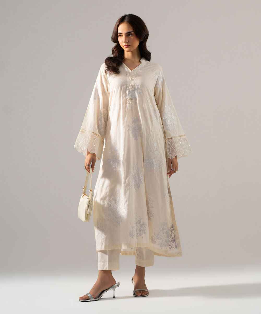 Women's RTW Self Jacquard Solid Embroidered Off White 2 Piece Suit
