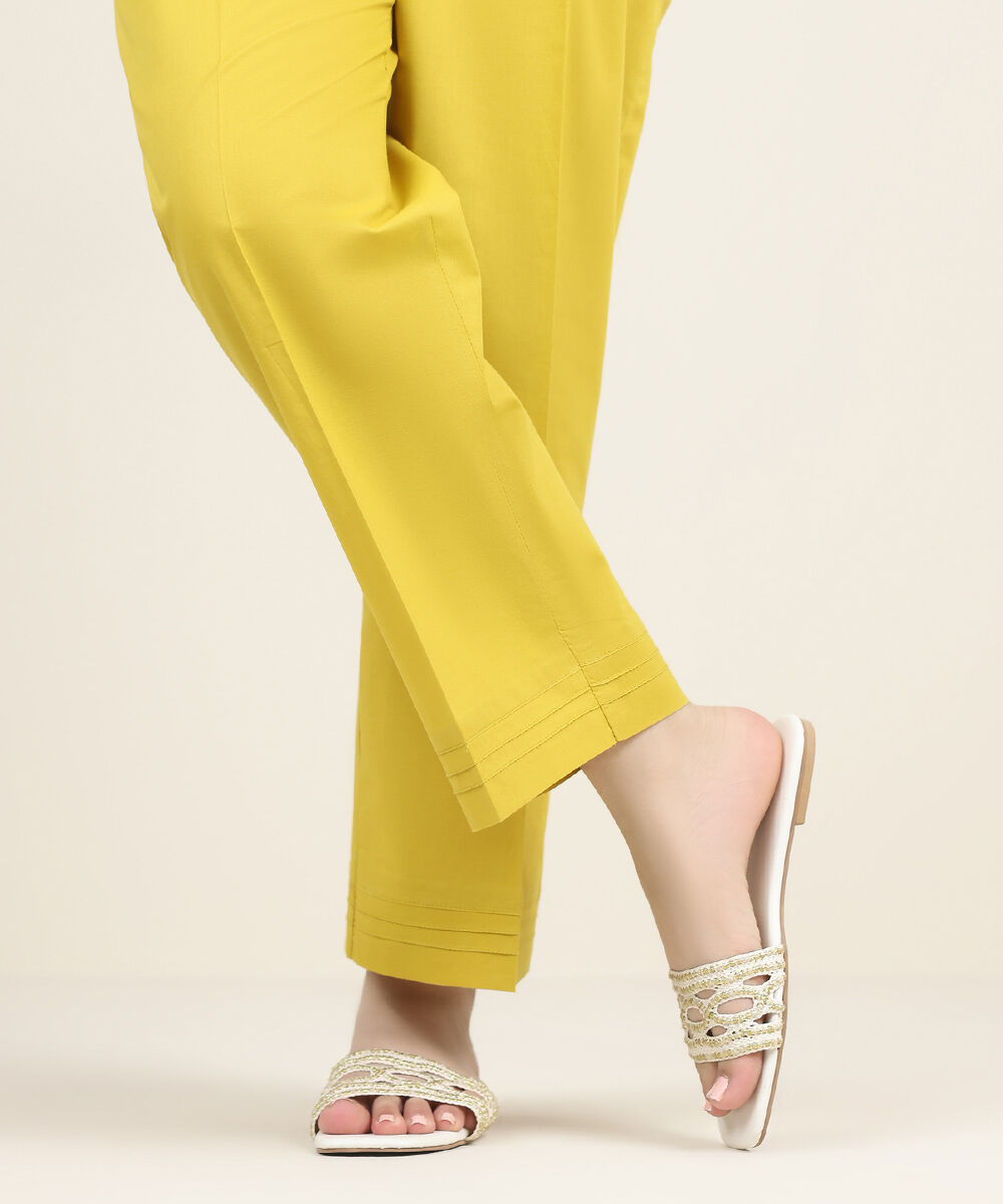 Women's RTW Cambric Yellow Solid Straight Pants
