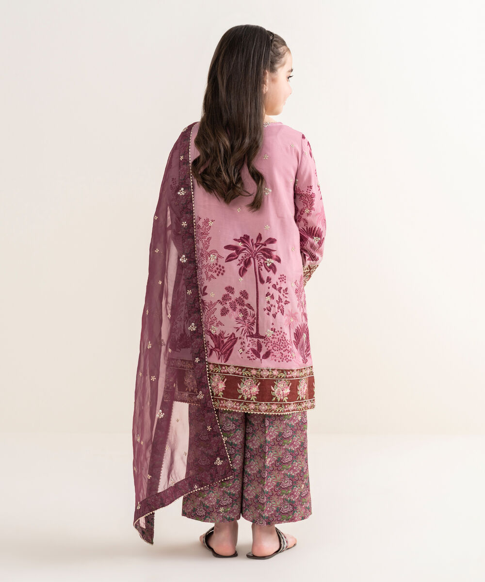 Girl's Viscose Raw Silk Embroidered Pink Three Piece Suit