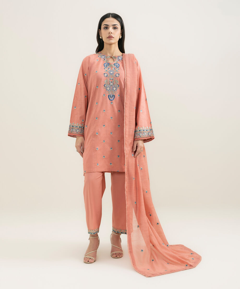 Women's RTW Self Jacquard Embroidered Pink Straight Shirt