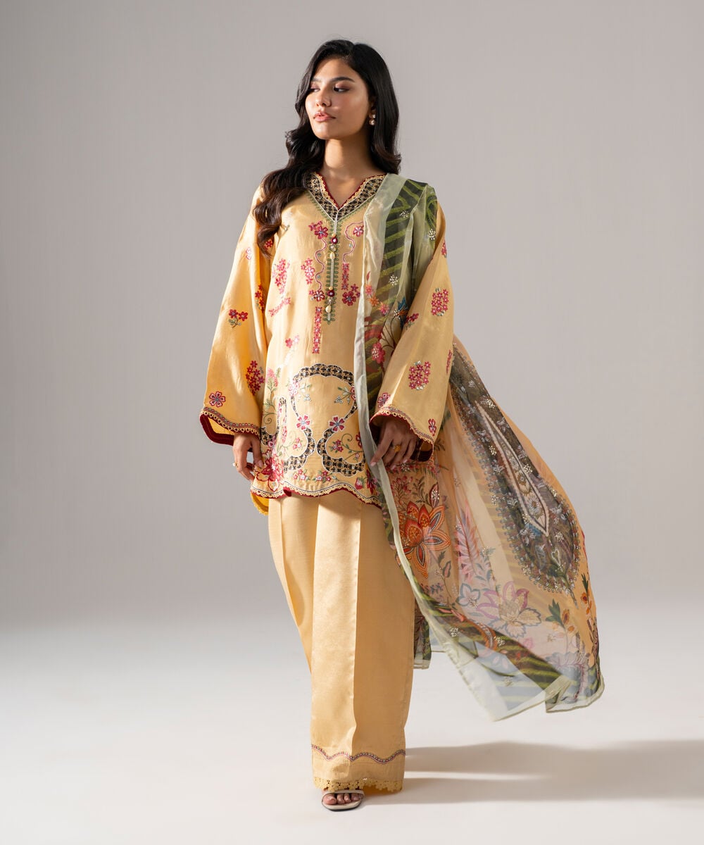 Women's RTW Bright Raw Silk Embroidered Beige 3 Piece Suit
