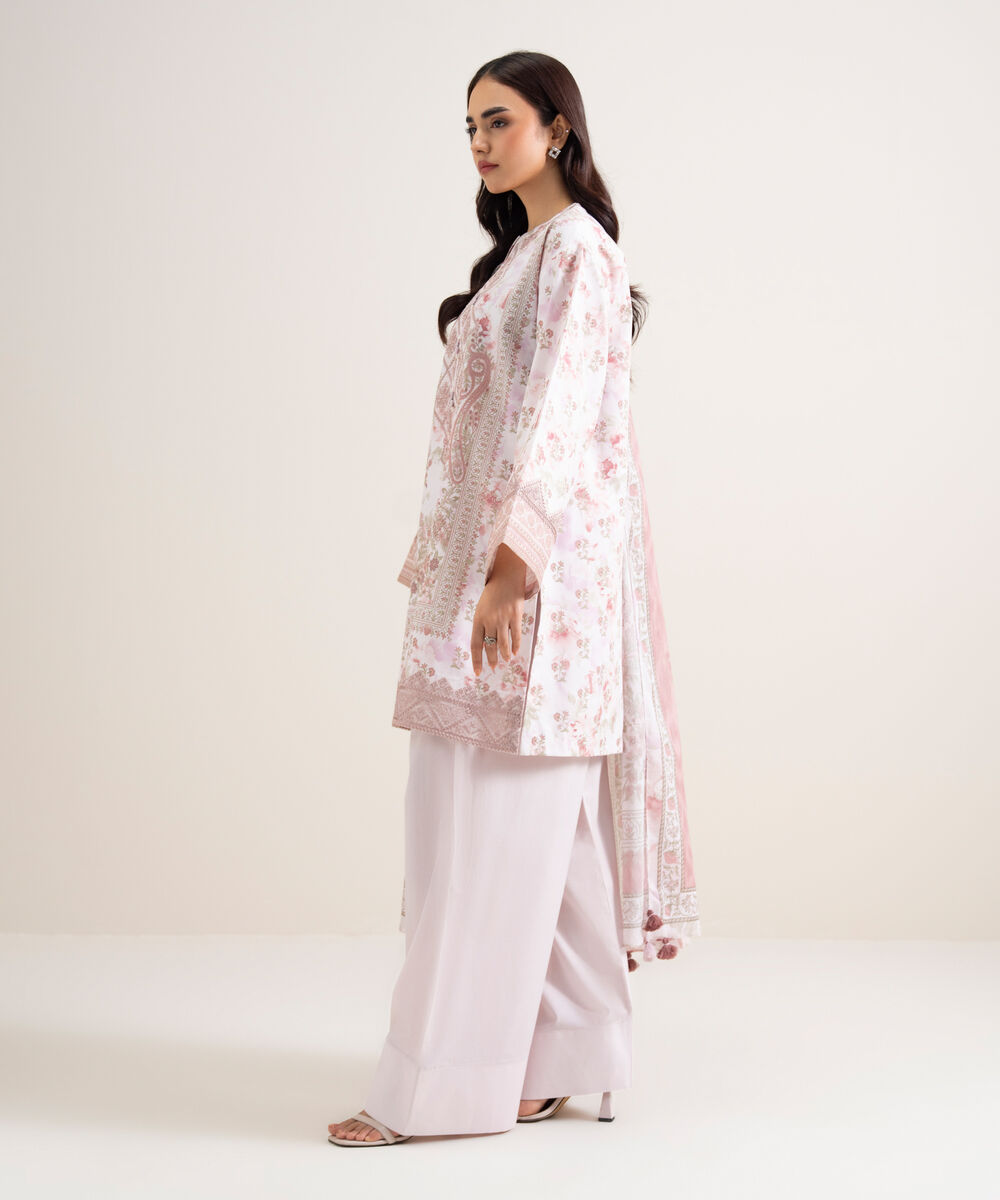 Women's Unstitched Lawn Embroidered Off White and Blue 3 Piece Suit