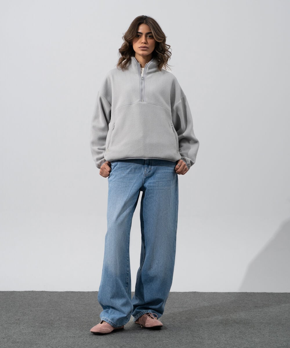 Women's Western Wear Grey Melange Polyester Quarter-Zip Fleece Sweatshirt