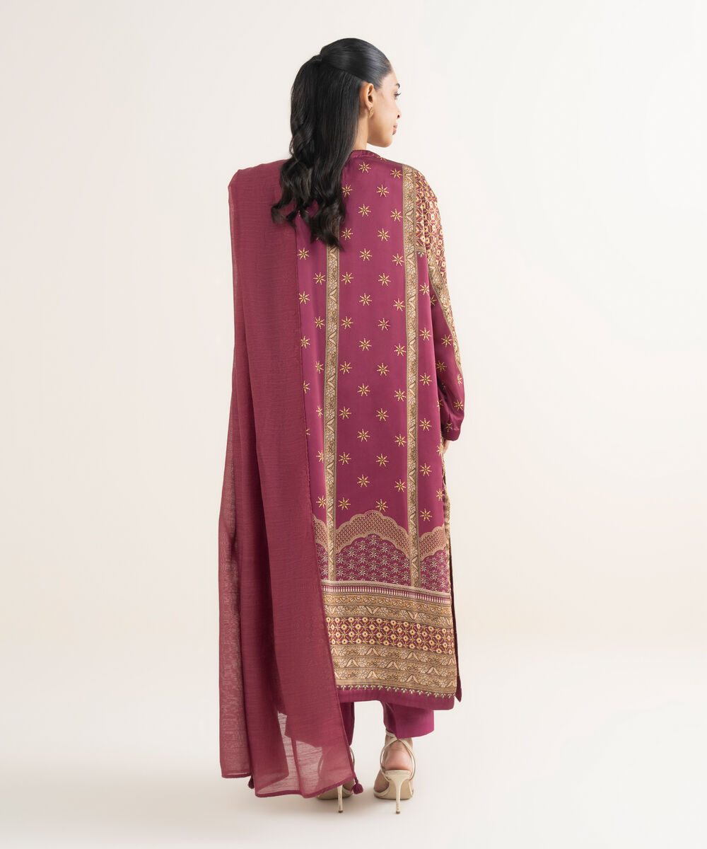 Women's RTW Blended Satin Embroidered Purple 3 Piece Suit