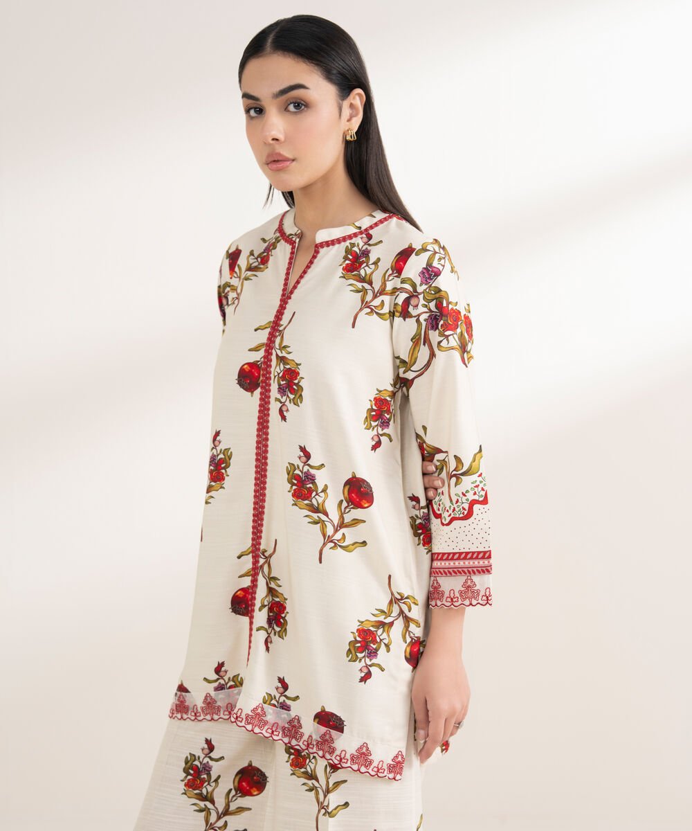 Women's RTW Arabic Khaddar Embroidered Straight Off White Shirt