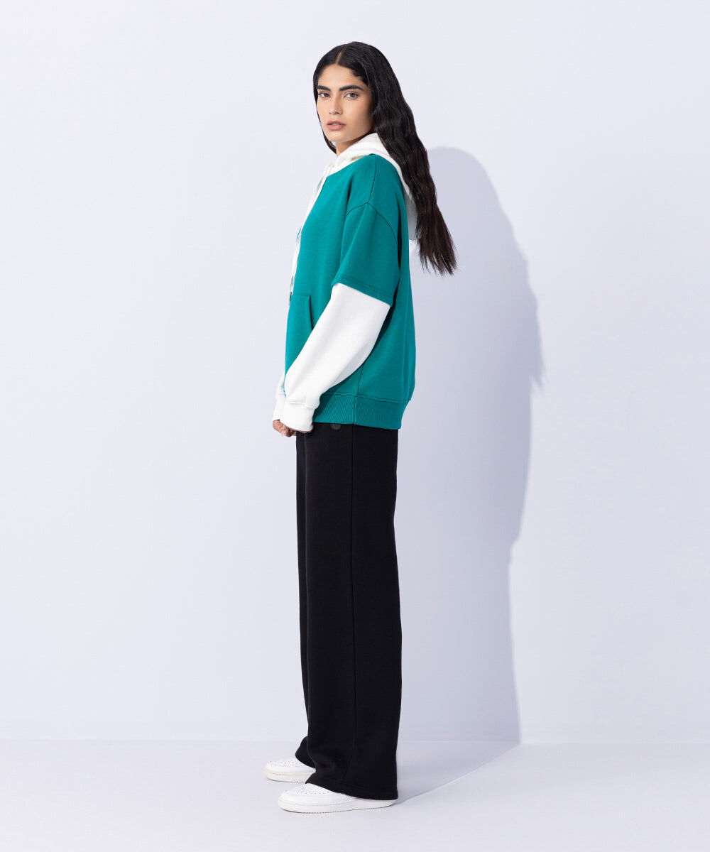 Woman - Green Fleece Color Blocked Hoodie