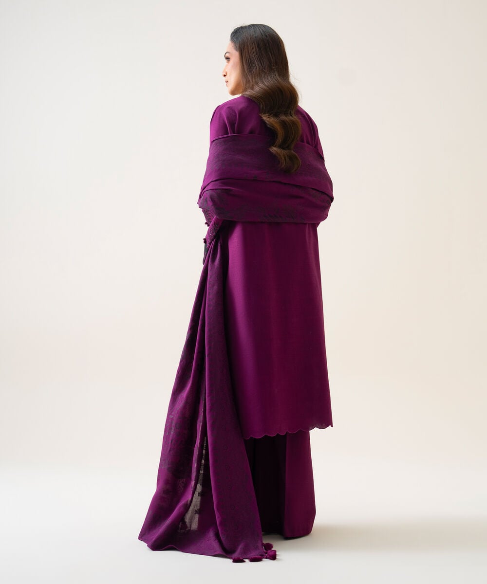 Women's Unstitched Light Khaddar Embroidered Plum 3 Piece Suit