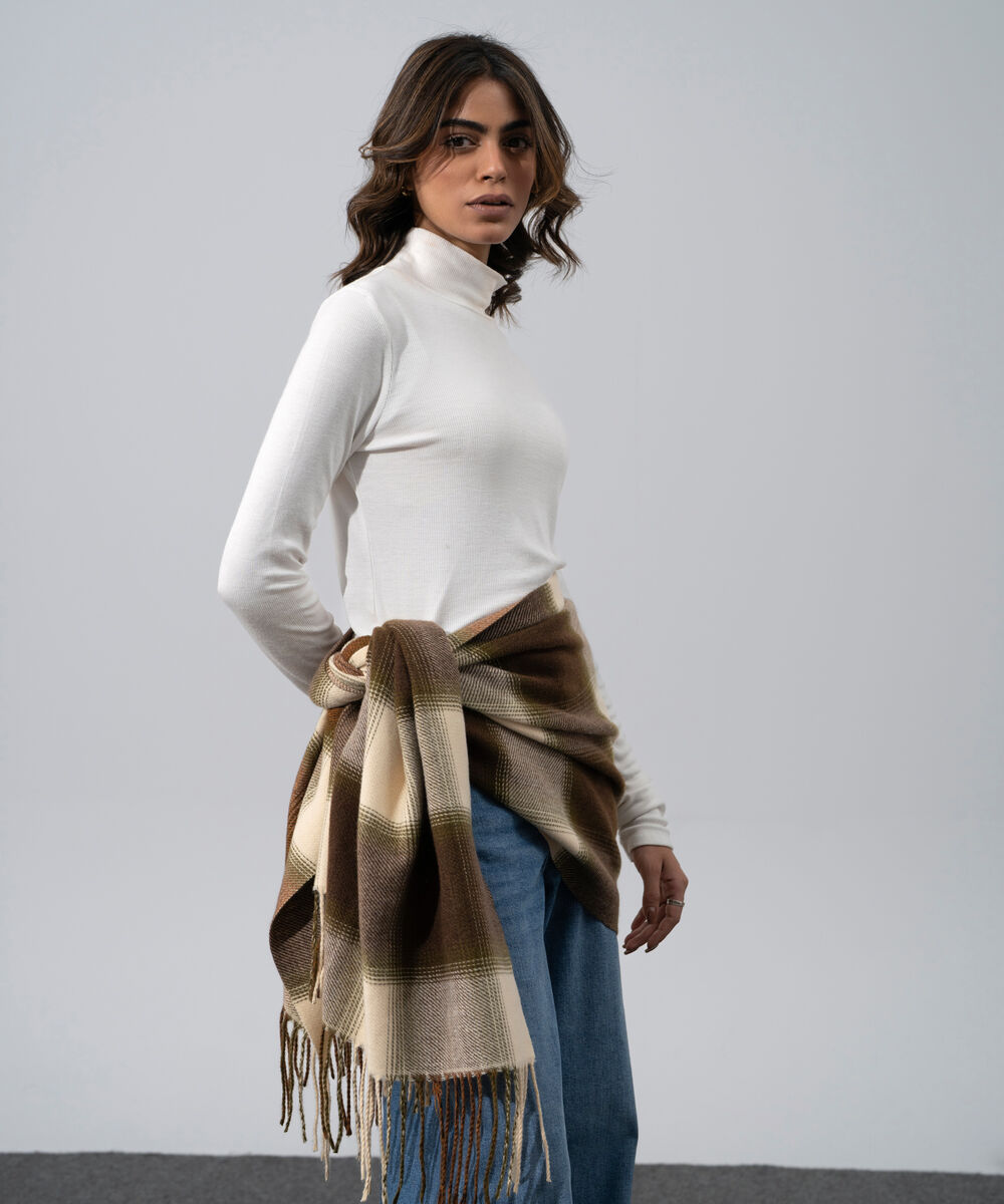 Women's Western Wear Brown And Off-White Polyester Striped Woolen Scarf