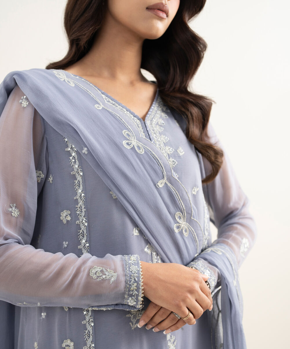 Women's Unstitched Blended Chiffon Embroidered Purple 3 Piece Suit