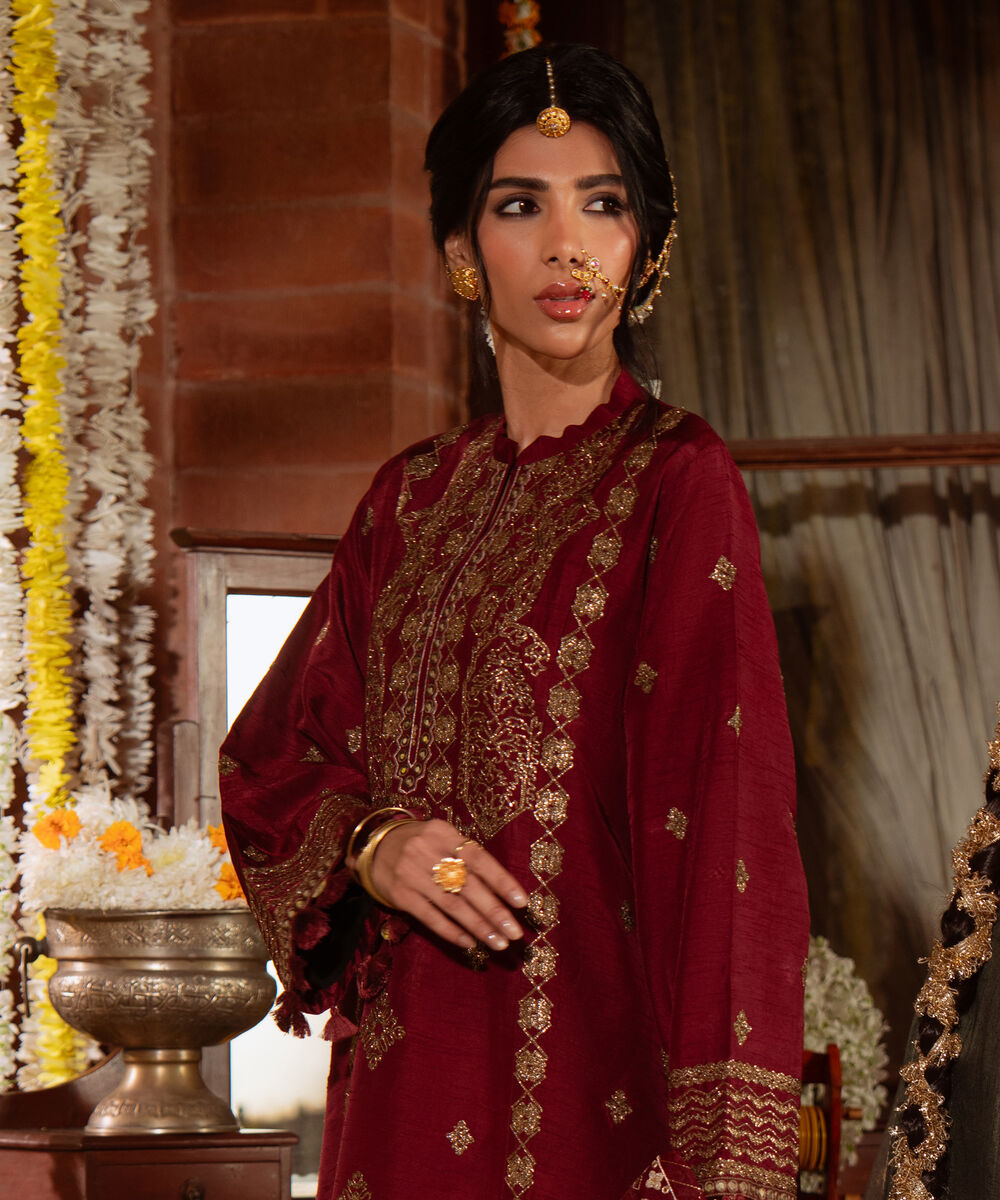 Women's Unstitched Raw Silk Embroidered Red 3 Piece Suit