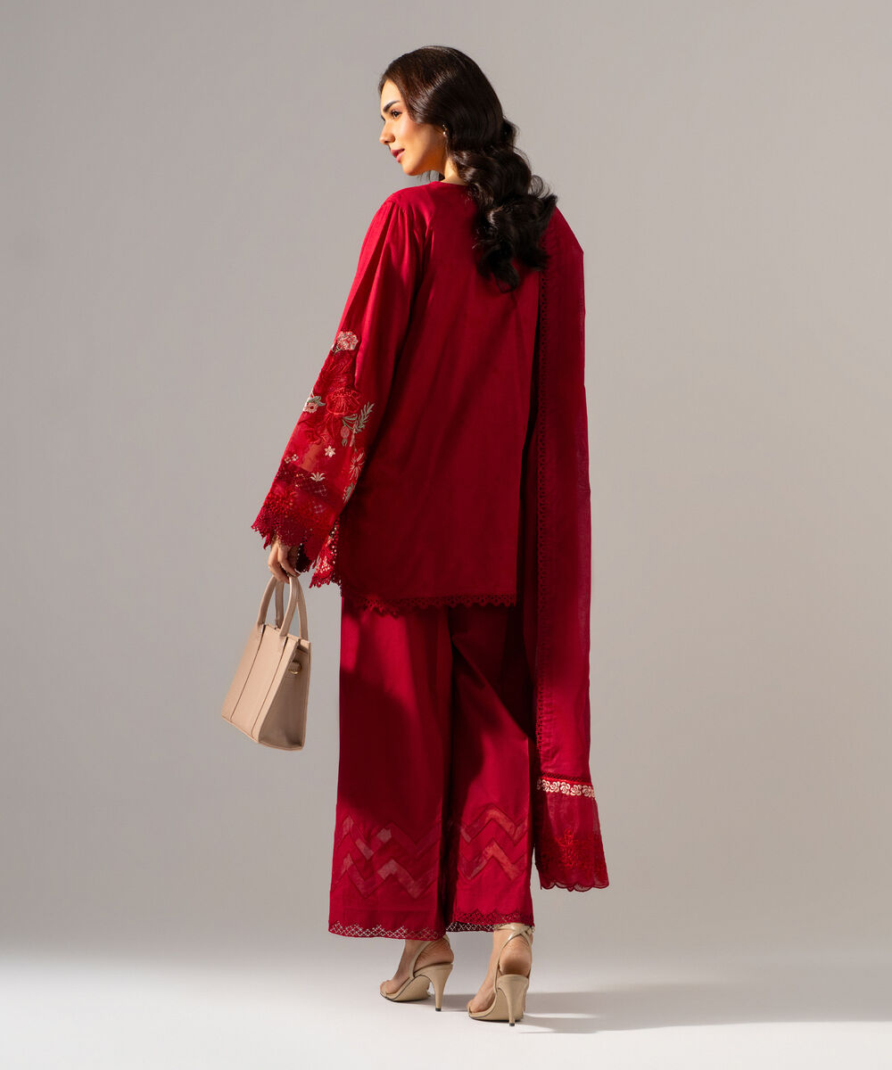 Women's RTW Self Jacquard Solid Embroidered Maroon 3 Piece Suit