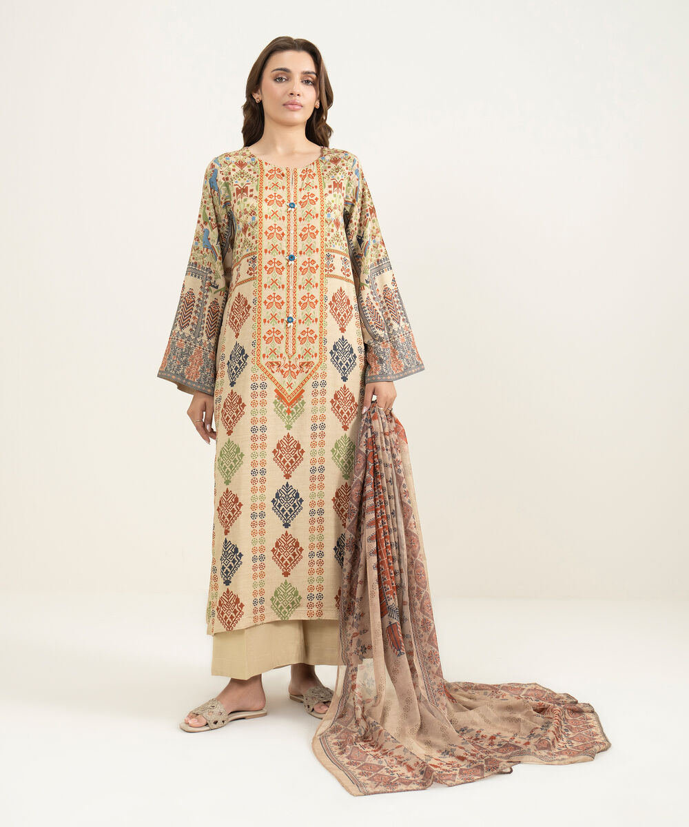 Women's RTW Viscose Raw Silk Printed Beige 3 Piece Suit